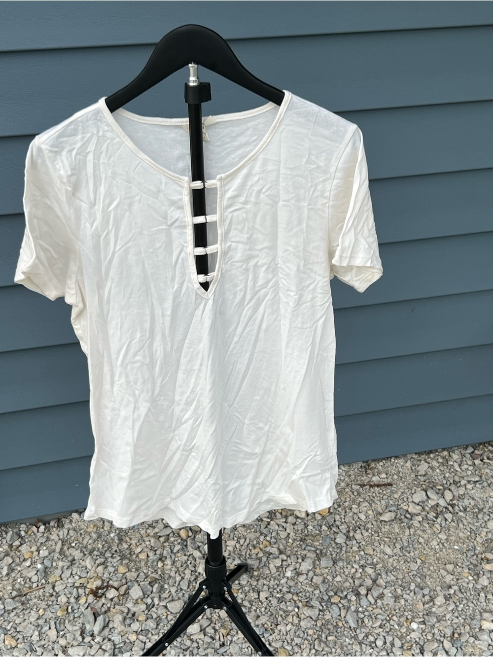 White Crow White Short Sleeve Tee with Ladder-Front Detail